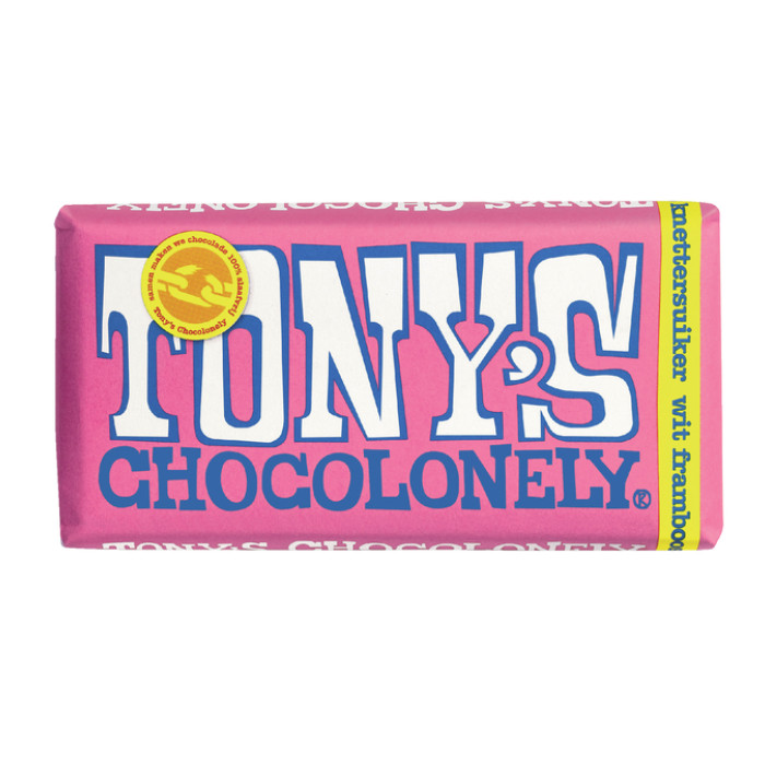 Chocolade Tony's Chocolonely wit framboos knettersuiker reep 180gr