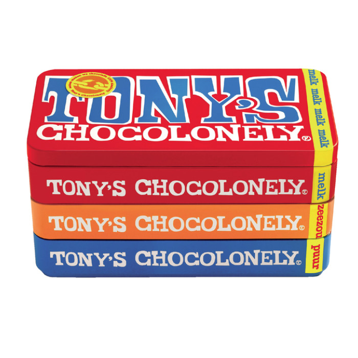 Chocolade Tony's Chocolonely puur-melk en karamel zeezout blik 540gr