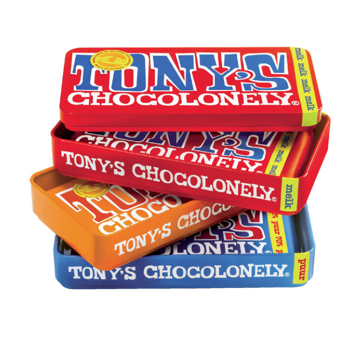 Chocolade Tony's Chocolonely puur-melk en karamel zeezout blik 540gr
