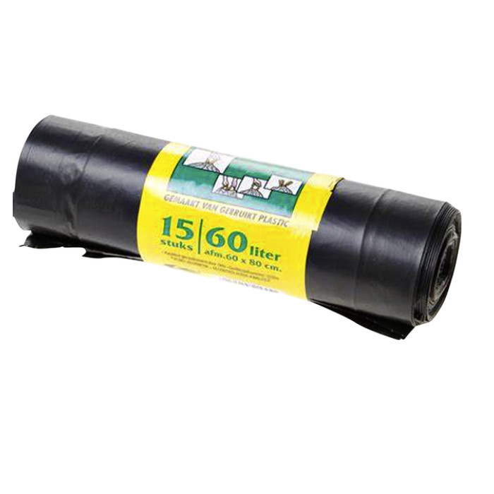 Vuilniszak Komo 60 liter met trekband zwart rol à 15 stuks