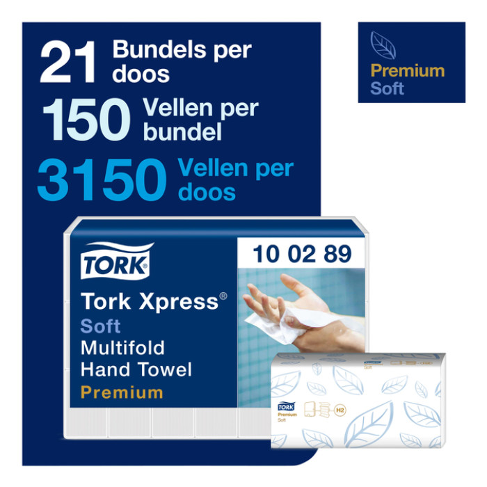 Handdoek Tork H2 Xpress Premium multifold 2-laags 212x255mm 21x150 vel wit 100289