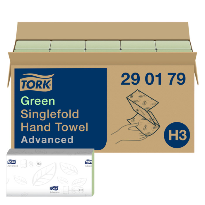 Handdoek Tork H3 Advanced singlefold 2-laags 248x230mm 15x250 vel groen 290179