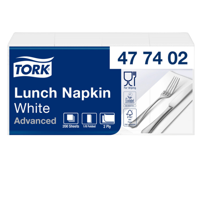 Lunchservet Tork Advanced 1/8 vouw 2-laags 328x325mm 200 vel wit 477402