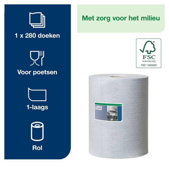 Reinigingsdoek Tork W1-W2-W3 Premium Heavy-Duty 1-laags 280 vel blauw 530237