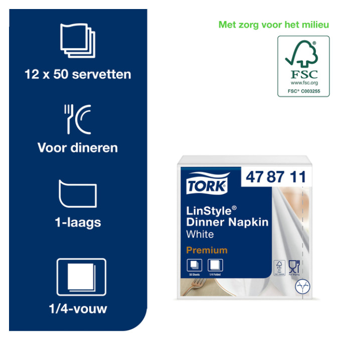 Dinerservet Tork Linstyle Premium 1/4 vouw 1-laags 390x390mm 50 vel wit 478711