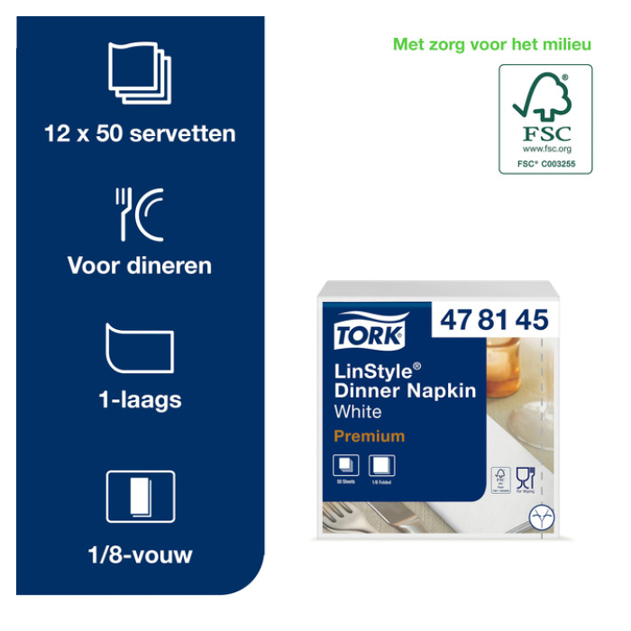 Dinerservet Tork Linstyle Premium 1/8 vouw 1-laags 390x390mm 50 vel wit 478145