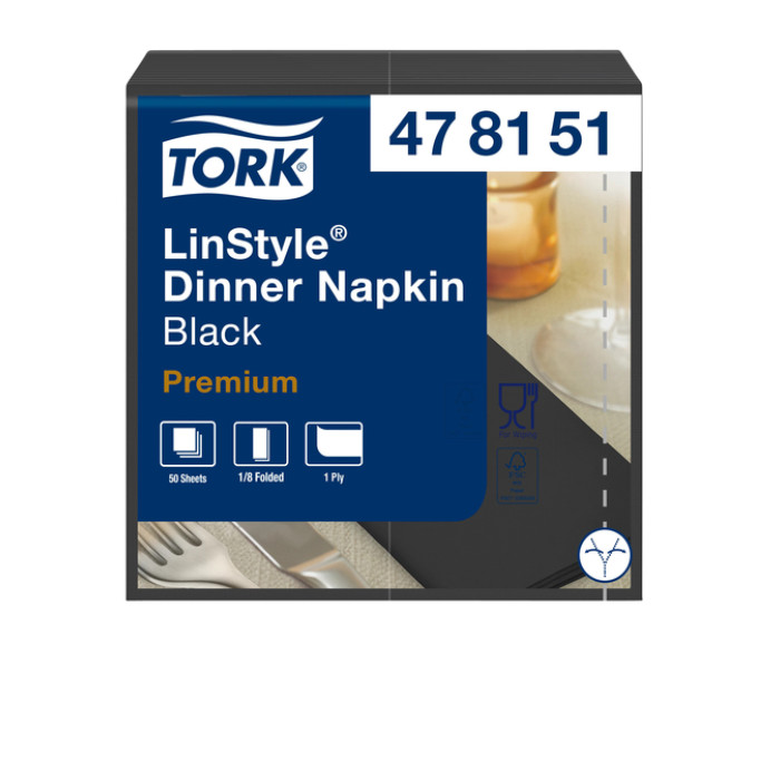 Dinerservet Tork Linstyle Premium 1/8 vouw 1-laags 390x390mm 50 vel zwart 478151