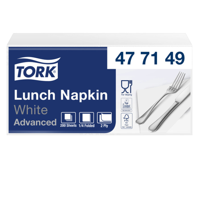 Lunchservet Tork Advanced 1/4 vouw 2-laags 328x325mm 200 vel wit 477149