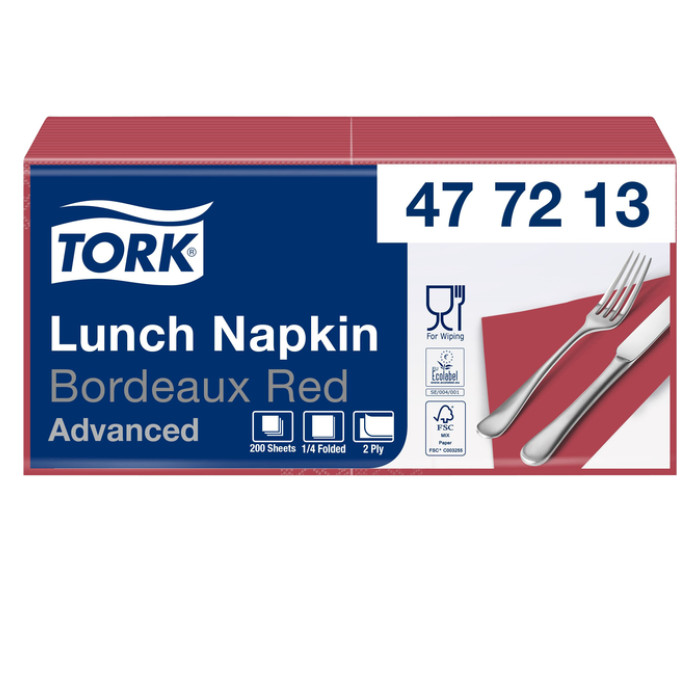 Lunchservet Tork Advanced 1/4 vouw 2-laags 328x325mm 200 vel bordeauxrood 477213