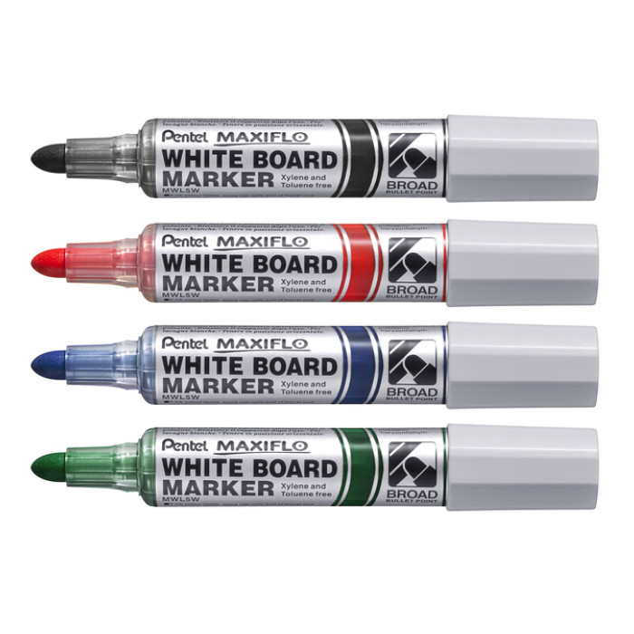 Whiteboardmarker Pentel MWL5M Maxiflo rond 3mm assorti set à 4 stuks