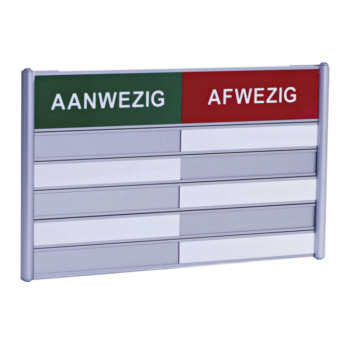 Aan- afwezigheidsbord voor 5 namen