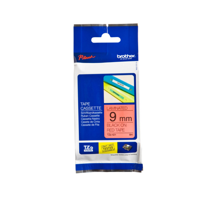 Labeltape Brother P-touch TZe-421 standaard 9mm zwart op rood