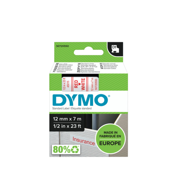 Labeltape Dymo LabelManager D1 polyester 12mm rood op wit