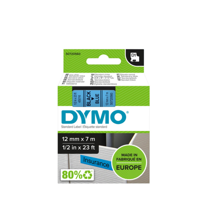 Labeltape Dymo LabelManager D1 polyester 12mm zwart op blauw