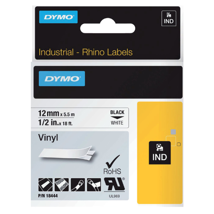 Labeltape Dymo Rhino industrieel vinyl 12mm zwart op wit