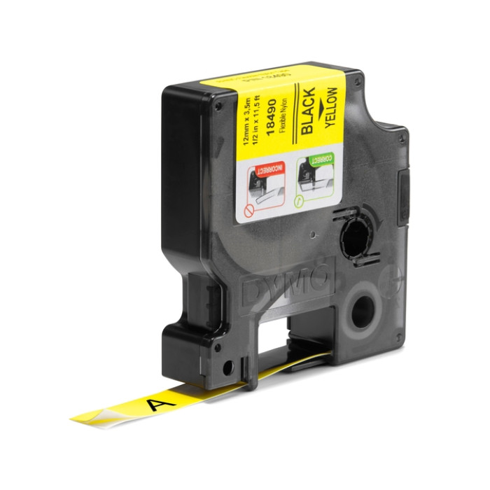 Labeltape Dymo Rhino industrieel nylon 12mm zwart op geel