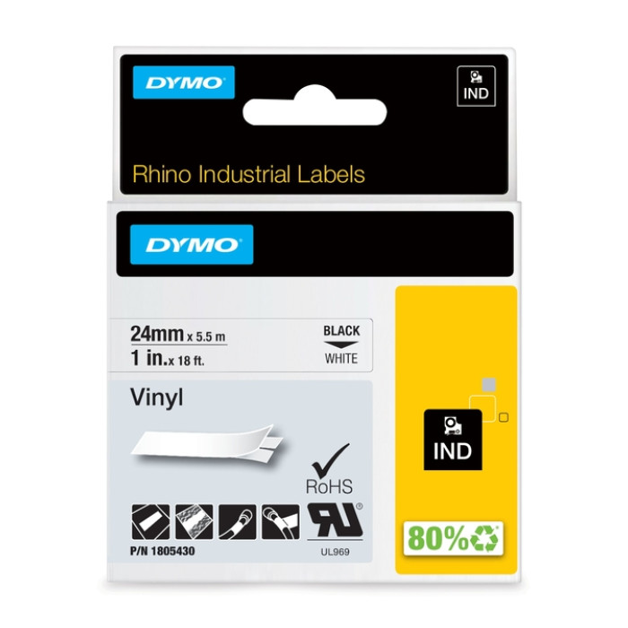 Labeltape Dymo Rhino industrieel vinyl 24mm zwart op wit