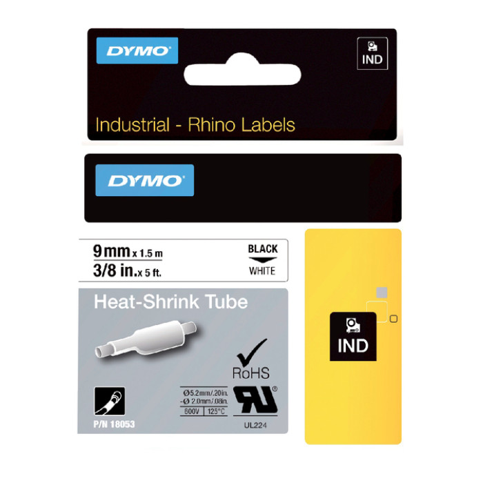 Labeltape Dymo Rhino industrieel krimpkous 9mm zwart op wit