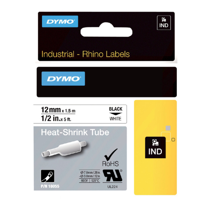 Labeltape Dymo Rhino industrieel krimpkous 12mm zwart op wit