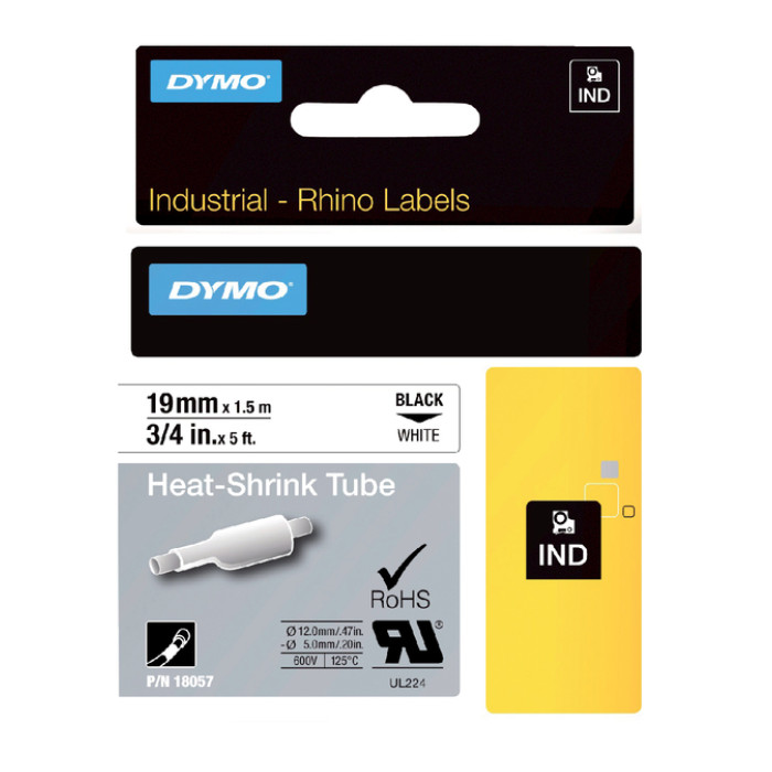 Labeltape Dymo Rhino industrieel krimpkous 19mm zwart op wit