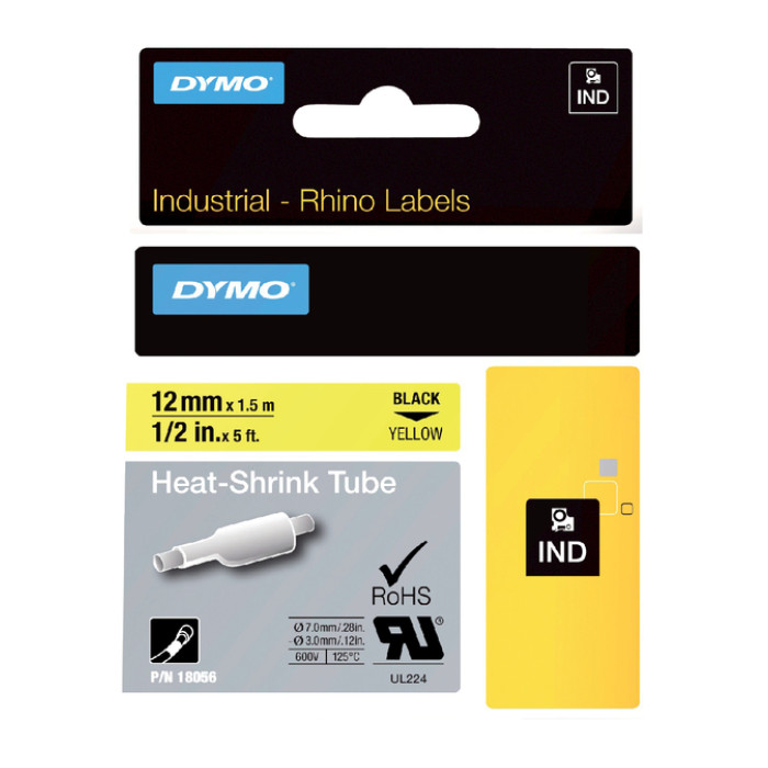 Labeltape Dymo Rhino industrieel krimpkous 12mm zwart op geel