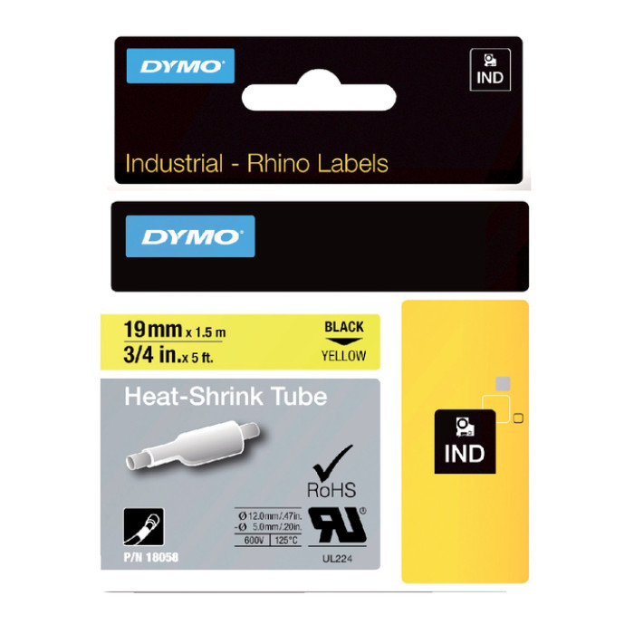 Labeltape Dymo Rhino industrieel krimpkous 19mm zwart op geel