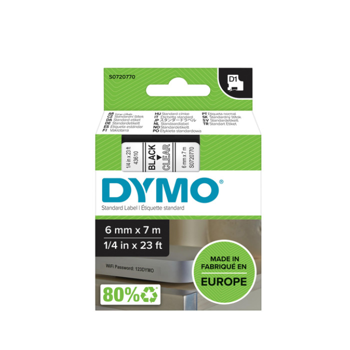 Labeltape Dymo LabelManager D1 polyester 6mm zwart op transparant