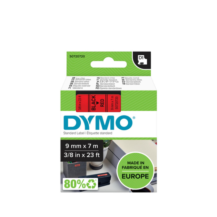 Labeltape Dymo LabelManager D1 polyester 9mm zwart op rood