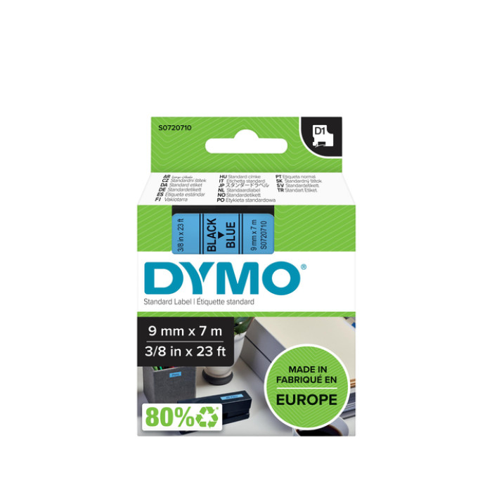 Labeltape Dymo LabelManager D1 polyester 9mm zwart op blauw