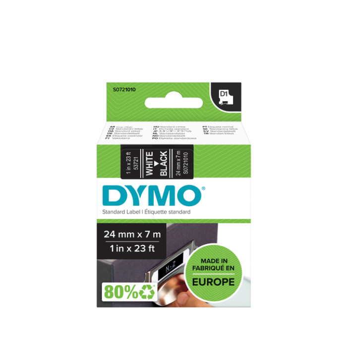 Labeltape Dymo LabelManager D1 polyester 24mm wit op zwart