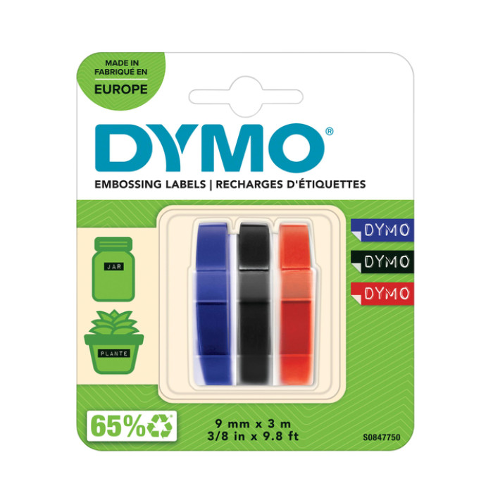 Reliëftape Dymo embossing vinyl 9mm assorti 3 stuks
