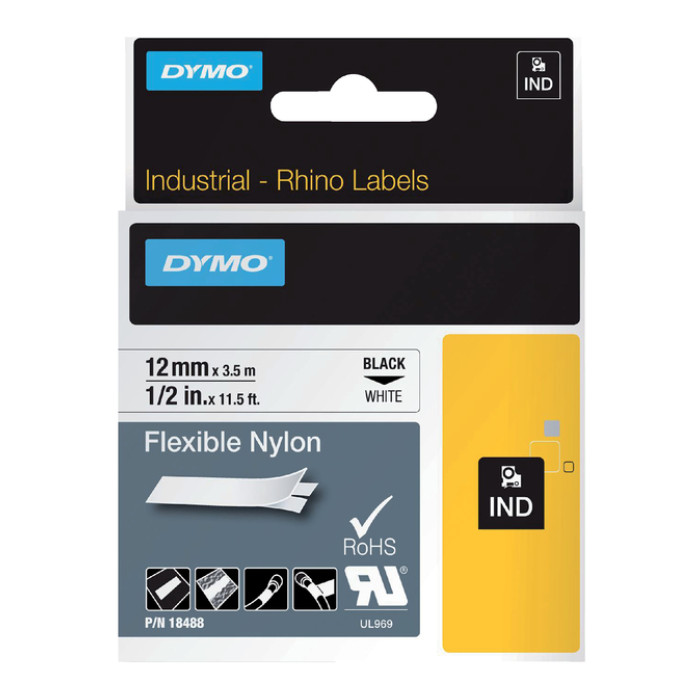 Labeltape Dymo Rhino industrieel nylon 12mm zwart op wit