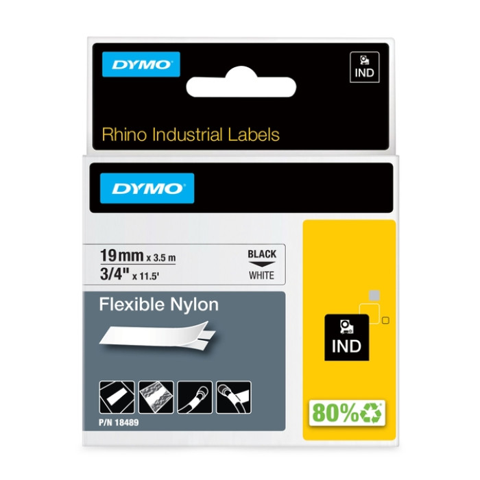 Labeltape Dymo Rhino industrieel nylon 19mm zwart op wit