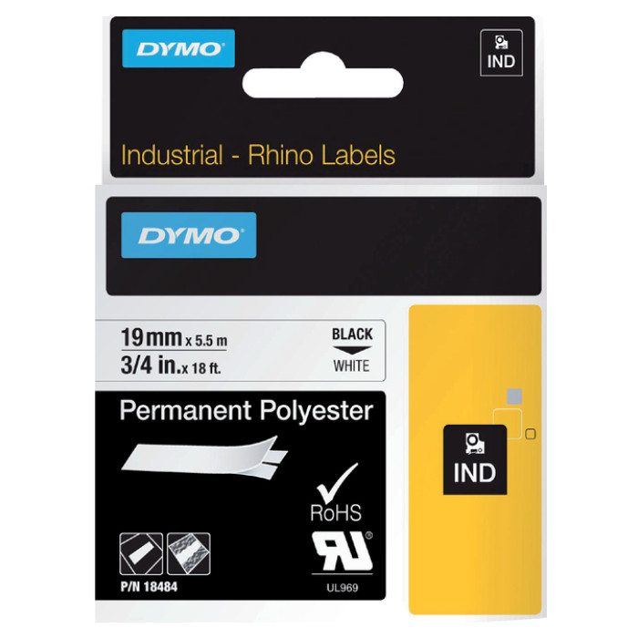 Labeltape Dymo Rhino industrieel polyester 19mm zwart op wit