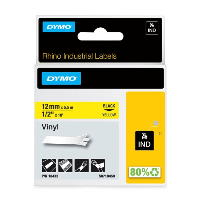 Labeltape Dymo Rhino industrieel vinyl 12mm zwart op geel