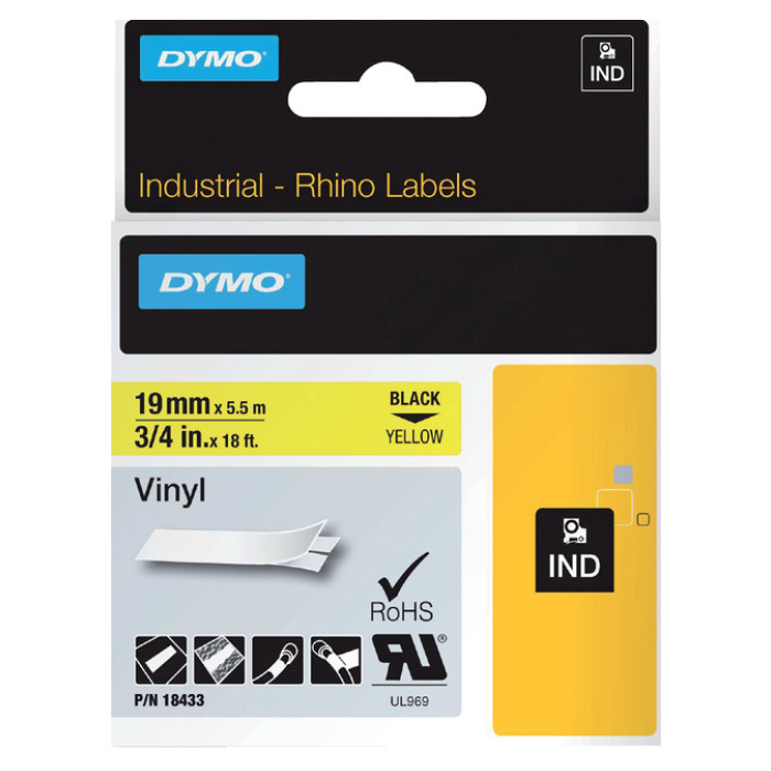 Labeltape Dymo Rhino industrieel vinyl 19mm zwart op geel