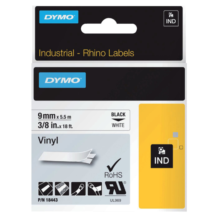 Labeltape Dymo Rhino industrieel vinyl 9mm zwart op wit