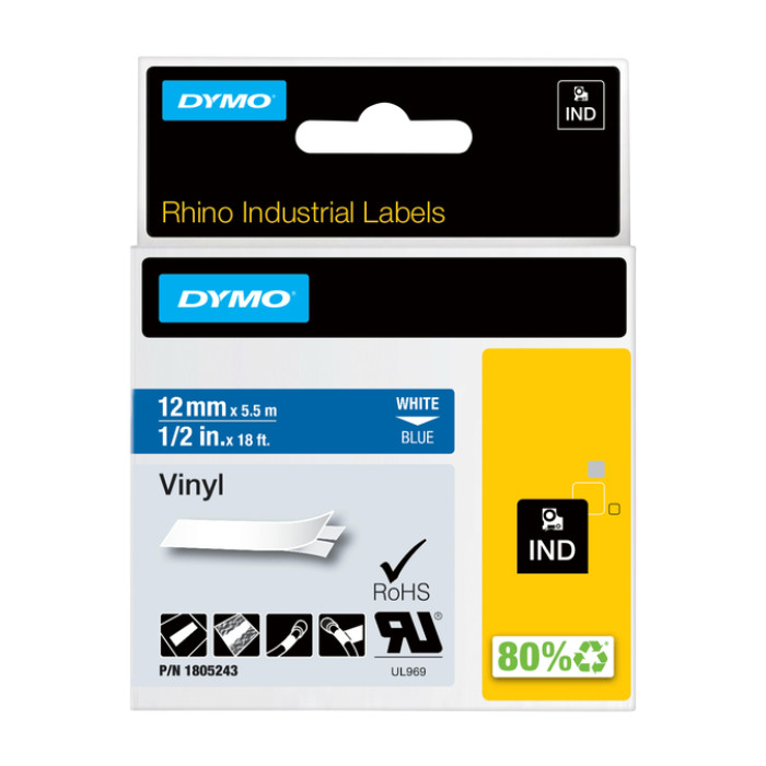 Labeltape Dymo Rhino industrieel vinyl 12mm wit op blauw