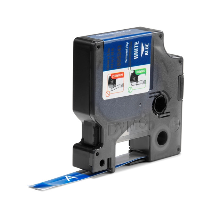 Labeltape Dymo Rhino industrieel vinyl 12mm wit op blauw