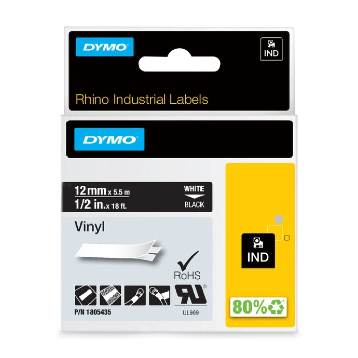 Labeltape Dymo Rhino industrieel vinyl 12mm wit op zwart
