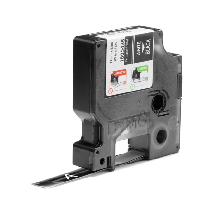 Labeltape Dymo Rhino industrieel vinyl 12mm wit op zwart