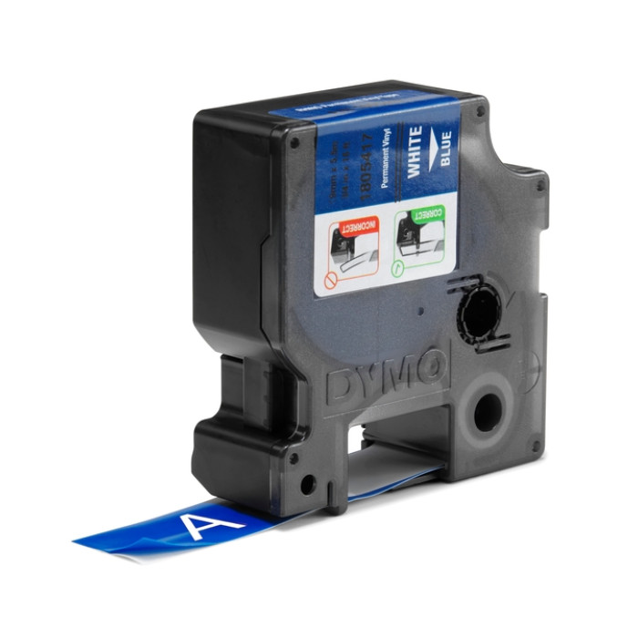 Labeltape Dymo Rhino industrieel vinyl 19mm wit op blauw