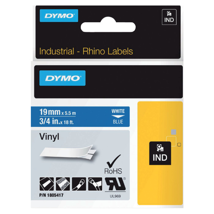 Labeltape Dymo Rhino industrieel vinyl 19mm wit op blauw