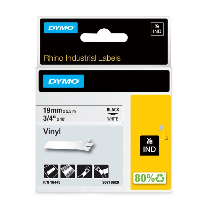 Labeltape Dymo Rhino industrieel vinyl 19mm zwart op wit