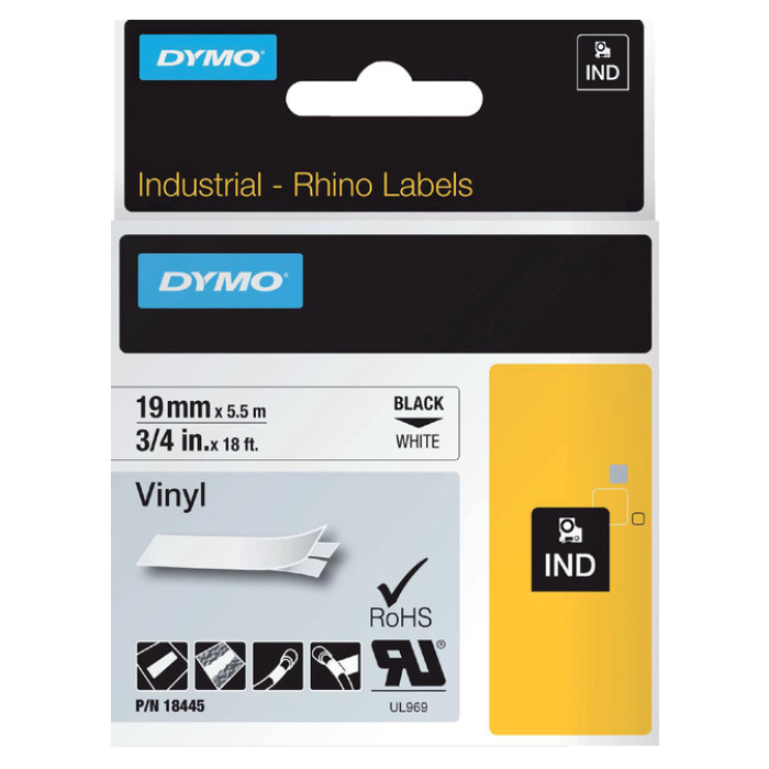 Labeltape Dymo Rhino industrieel vinyl 19mm zwart op wit
