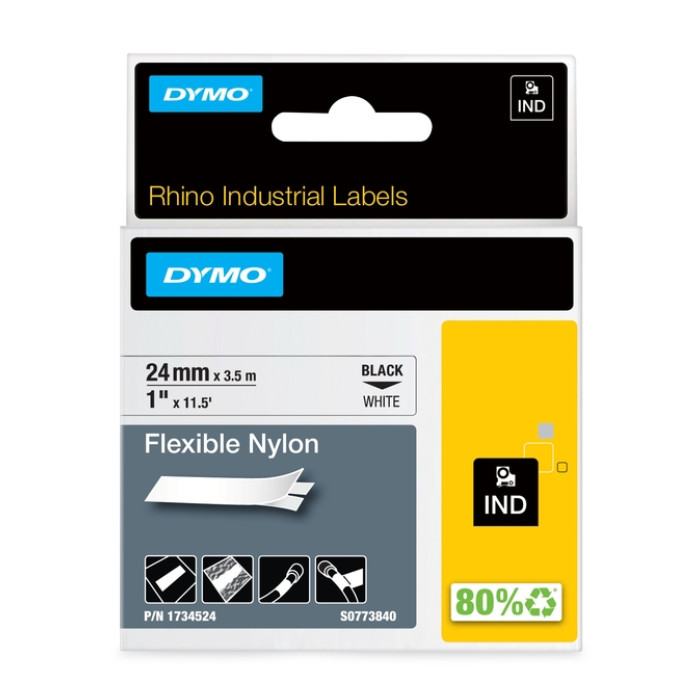 Labeltape Dymo Rhino industrieel nylon 24mm zwart op wit