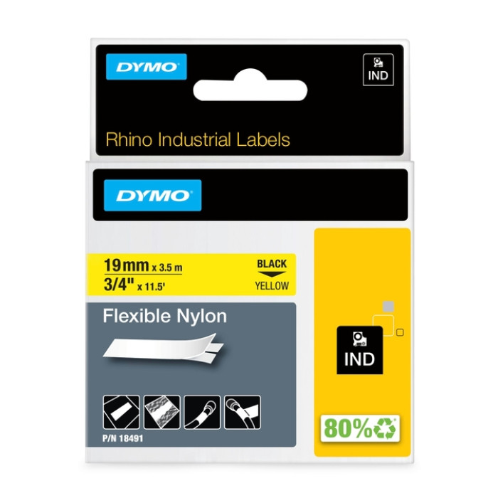 Labeltape Dymo Rhino industrieel nylon 19mm zwart op geel