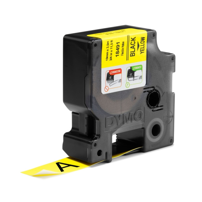 Labeltape Dymo Rhino industrieel nylon 19mm zwart op geel