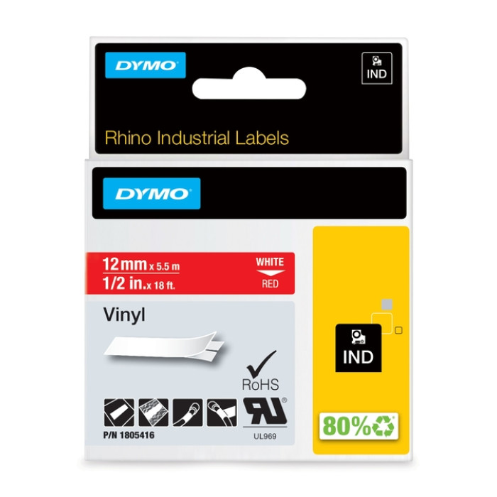 Labeltape Dymo Rhino industrieel vinyl 12mm wit op rood