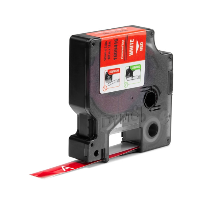 Labeltape Dymo Rhino industrieel vinyl 12mm wit op rood